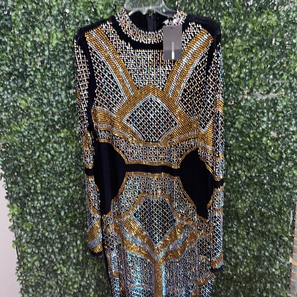 Fashion Nova Black and Gold Sequin Long Sleeve Dress
